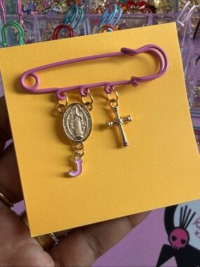 Pink Safety Pin Charm Brooch with Gold Cross & Medal